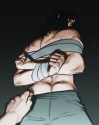 Rule 34 | 2boys, arms behind back, bandages, bara, black hair, boku no hero academia, butt crack, clothes pull, eraser head (boku no hero academia), facial hair, from below, glaring, hair over one eye, highres, long hair, looking at viewer, male focus, multiple boys, pants, pants pull, pov, pov hands, smokerichi, solo focus, stubble, toned, toned male, topless male, undressing another, yaoi