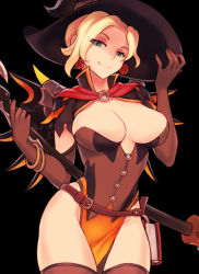 Rule 34 | 1girl, black background, blonde hair, blue eyes, breasts, cleavage, hat, large breasts, looking at viewer, mercy (overwatch), official alternate costume, overwatch, overwatch 1, pelvic curtain, sieyarelow, smile, solo, standing, thighhighs, witch, witch hat, witch mercy