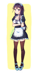 Rule 34 | 1girl, alternate costume, ankle strap, apron, breasts, brown thighhighs, cleavage, collarbone, commentary, doki doki literature club, english commentary, enmaided, full body, hair ornament, hair ribbon, hairclip, high heels, highres, long hair, maid, maid headdress, mary janes, medium breasts, pink ribbon, puffy short sleeves, puffy sleeves, purple eyes, purple hair, ribbon, ribbon trim, shoes, short sleeves, simple background, skindentation, solo, thighhighs, vickie (cryingrobot), waist apron, wrist cuffs, yellow background, yuri (doki doki literature club), zettai ryouiki