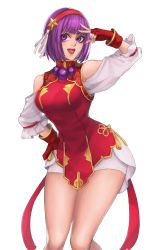 Rule 34 | 1girl, absurdres, asamiya athena, breasts, china dress, chinese clothes, cowboy shot, dress, fingerless gloves, gloves, hair ribbon, hairband, hand on own hip, highres, ktovhinao, looking at viewer, medium breasts, purple eyes, purple hair, red dress, ribbon, short hair, short shorts, shorts, simple background, smile, solo, the king of fighters, the king of fighters xv, v, white background, wide hips
