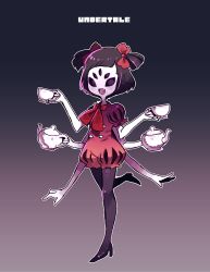 Rule 34 | 1girl, blush, bug, colored skin, extra arms, extra eyes, fangs, high heels, arthropod girl, monster girl, muffet, purple skin, solo, spider, spider girl, tea, teapot, twintails, undertale