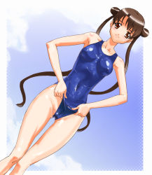 Rule 34 | 00s, 1girl, adjusting clothes, adjusting swimsuit, blue one-piece swimsuit, blush, breasts, brown eyes, brown hair, cameltoe, cleft of venus, cloud, collarbone, double bun, frontal wedgie, hair bun, highres, katase shima, long hair, looking at viewer, lux (alpa), one-piece swimsuit, sky, small breasts, smile, swimsuit, twintails, uchuu no stellvia