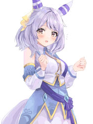 Rule 34 | 1girl, absurdres, animal ears, bare shoulders, blush, breasts, brown eyes, clenched hands, commentary request, cowboy shot, detached sleeves, ear covers, ear ornament, grey hair, hair between eyes, hair ornament, highres, hishi miracle (umamusume), horse ears, horse girl, horse tail, long sleeves, looking at viewer, medium breasts, medium hair, open mouth, sash, simple background, solo, tail, tsurubami (gaad5227), umamusume, white background