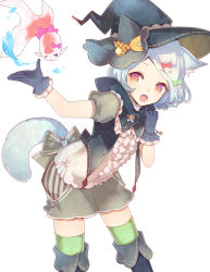Rule 34 | 1girl, animal ears, boots, bow, bracelet, cat ears, cat tail, fang, fish, frilled shirt, frills, gloves, goldfish, hair bow, hat, highres, jewelry, knee boots, kuroyuki, leaning forward, magic, open mouth, original, pink eyes, puffy short sleeves, puffy shorts, puffy sleeves, purple hair, shirt, short hair, short sleeves, shorts, simple background, smile, tail, thighhighs, white background, witch hat