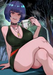 Rule 34 | 1girl, belt, bench, black choker, black hair, blue hair, breasts, brown eyes, choker, cleavage, crossed legs, dress, gift, green dress, highres, holding, holding gift, jewelry, large breasts, looking at viewer, necklace, open mouth, osusowake, outdoors, park, park bench, persona, persona 5, red belt, short dress, short hair, sitting, solo, takemi tae, thighs, tree