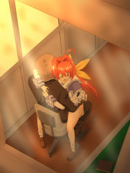 Rule 34 | 1boy, 1girl, ahoge, bad id, bad pixiv id, chair, clothed sex, commentary request, from above, hetero, kagami sumika, kosokosomaru (higashi taishi), loafers, long hair, muv-luv, office chair, pigeon-toed, red hair, school uniform, serafuku, sex, shirogane takeru, shoes, socks, straddling, swivel chair, upright straddle