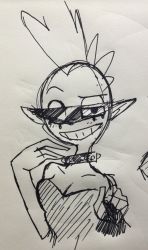 Rule 34 | 1girl, breasts, collar, eyebrows, freckles, lord dominator, mohawk, simple background, sketch, smile, solo, sunglasses, teeth, wander over yonder