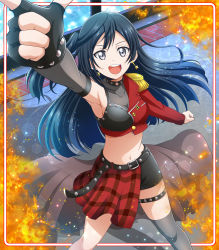 Rule 34 | 1girl, :d, arm up, armpits, asymmetrical gloves, asymmetrical legwear, asymmetrical sleeves, belt, belt buckle, black belt, black gloves, black hair, black shorts, blue hair, breasts, buckle, card (medium), cleavage, detached sleeves, dive! (love live!), earrings, fingerless gloves, fire, floating hair, from above, gloves, gradient hair, grey eyes, grey sleeves, grey thighhighs, hanzou, highres, index finger raised, jewelry, long hair, long sleeves, love live!, love live! nijigasaki high school idol club, medium breasts, midriff, multicolored hair, navel, open mouth, short shorts, shorts, side ponytail, single glove, single thighhigh, smile, solo, standing, star (symbol), star earrings, stomach, thigh strap, thighhighs, uneven gloves, uneven legwear, uneven sleeves, very long hair, yuki setsuna (love live!)
