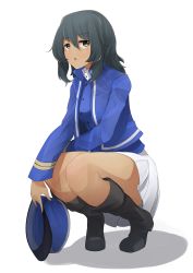 Rule 34 | 1girl, andou (girls und panzer), bc freedom military uniform, black footwear, black hair, boots, brown eyes, girls und panzer, hair between eyes, hat, highres, holding, holding clothes, holding hat, kakimoto nao, knee boots, looking at viewer, solo, squatting, tan, thighs, unworn hat, unworn headwear, white background