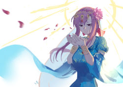 Rule 34 | 1girl, blue dress, club3, commentary request, diadem, dress, fate/grand order, fate (series), flower, graphite (medium), hair flower, hair ornament, hands up, jewelry, long hair, lotus, matou sakura, necklace, own hands together, parvati (fate), petals, purple eyes, purple hair, signature, smile, solo, standing, traditional media, wide sleeves