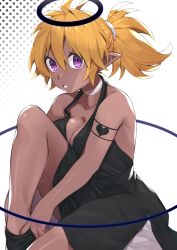 Rule 34 | 1girl, absurdres, ahoge, arm tattoo, bare arms, bare shoulders, black dress, blonde hair, blush, breasts, choker, cleavage, collarbone, commentary request, dark-skinned female, dark skin, demon girl, dress, hair between eyes, halo, heart, heart tattoo, highres, kameno sachi, knee up, large breasts, looking at viewer, open mouth, original, pointy ears, polka dot, ponytail, purple eyes, sitting, solo, tattoo, white background