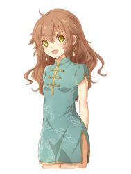 Rule 34 | 1girl, :d, aono (aonocrotowa), arms behind back, blue dress, brown hair, china dress, chinese clothes, cropped legs, curly hair, dress, earrings, eiyuu densetsu, falcom, green eyes, hair between eyes, highres, jewelry, long hair, open mouth, print dress, sen no kiseki, short dress, side slit, simple background, smile, solo, standing, towa herschel, white background