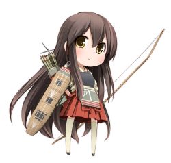 Rule 34 | 10s, 1girl, akagi (kancolle), bow (weapon), brown eyes, brown hair, highres, japanese clothes, kantai collection, long hair, moegi nenene, muneate, personification, solo, thighhighs, weapon, white background, white thighhighs