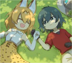 Rule 34 | 10s, 2girls, ^ ^, animal ears, bare shoulders, black hair, blonde hair, bow, bowtie, bucket hat, cat ears, closed eyes, elbow gloves, closed eyes, gloves, grass, holding hands, hat, hinaji, kaban (kemono friends), kemono friends, lying, multiple girls, on back, serval (kemono friends), serval print, serval tail, short hair, smile, tail, tree shade