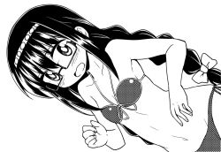 10s 1girl akemi_homura bikini blush braid female_focus front-tie_bikini_top front-tie_top glasses greyscale long_hair mahou_shoujo_madoka_magica mahou_shoujo_madoka_magica_(anime) monochrome naegi_(naegidokoro) simple_background solo swimsuit white_background