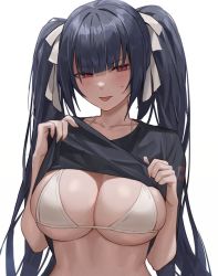 Rule 34 | 1girl, :p, banned artist, bikini, bikini under clothes, black hair, black shirt, blunt bangs, blush, breasts, cleavage, clothes lift, collarbone, hinaki (hinaki 0102), large breasts, long hair, looking at viewer, original, red eyes, shirt, shirt lift, short sleeves, simple background, skindentation, solo, sweatdrop, swimsuit, tongue, tongue out, twintails, upper body, v-shaped eyebrows, very long hair, white background, white bikini