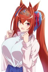Rule 34 | 1girl, animal ears, antenna hair, blue skirt, breasts, daiwa scarlet (umamusume), fang, garukichi, hair between eyes, hair intakes, highres, horse ears, horse girl, jacket, large breasts, long hair, looking at viewer, open clothes, open jacket, open mouth, pink jacket, red hair, simple background, skin fang, skirt, solo, sweater, tiara, twintails, umamusume, white background, white sweater