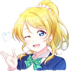 Rule 34 | 1girl, anibache, artist request, ayase eli, blonde hair, blowing kiss, blue cardigan, blue eyes, blue jacket, blush, bow, bowtie, breasts, cardigan, collared shirt, female focus, green bow, hair between eyes, hair ornament, hair scrunchie, heart, jacket, long hair, long sleeves, looking at viewer, love live!, love live! school idol project, one eye closed, otonokizaka school uniform, parted lips, pleated skirt, ponytail, school uniform, scrunchie, shirt, short sleeves, skirt, smile, solo, striped, striped bow, white background, white scrunchie, white shirt, wink
