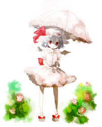 Rule 34 | 1girl, bat wings, blue hair, bow, female focus, hat, pale skin, parasol, poncho (poncho), red eyes, remilia scarlet, solo, touhou, umbrella, wings