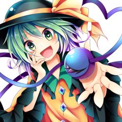 Rule 34 | 1girl, :d, blouse, chikuwa savy, dutch angle, foreshortening, green eyes, green hair, hand on own cheek, hand on own face, hat, heart, heart-shaped pupils, komeiji koishi, long sleeves, looking at viewer, matching hair/eyes, open mouth, outstretched hand, shirt, short hair, smile, solo, symbol-shaped pupils, third eye, touhou