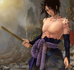 Rule 34 | 1boy, abs, bare shoulders, black hair, highres, lens flare, looking at viewer, luke uehara, male focus, md5 mismatch, muscular, naruto, naruto (series), red eyes, topless male, signature, solo, standing, sun, sword, uchiha sasuke, weapon