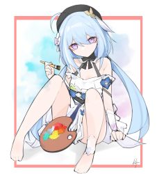 Rule 34 | 1girl, absurdres, ankle cuffs, barefoot, blue background, blue hair, dress, error1980, griseo, griseo (starry impression), hat, highres, honkai (series), honkai impact 3rd, long hair, looking at viewer, outline, paintbrush, palette (object), purple eyes, red outline, solo, thighs, white background