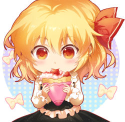 Rule 34 | 1girl, black skirt, black vest, blonde hair, blush, bow, chibi, circle, commentary request, crepe, food, frills, fruit, hair between eyes, hair ribbon, holding, holding food, jokanhiyou, long sleeves, looking at viewer, red eyes, red ribbon, ribbon, rumia, shirt, short hair, simple background, skirt, solo, strawberry, touhou, upper body, vest, white background, white bow, white shirt