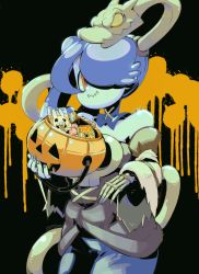 Rule 34 | 1girl, 770mk, black background, blue hair, blue nails, blue skin, candy, candy basket, colored skin, detached collar, detached sleeves, dress, food, hair over one eye, halloween, highres, jack-o&#039;-lantern, leviathan (skullgirls), looking at viewer, nail polish, red eyes, skeletal arm, skullgirls, smile, solo, squigly (skullgirls), stitched mouth, stitches, zombie