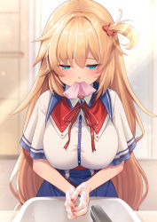 Rule 34 | 1girl, akai haato, akai haato (1st costume), blonde hair, blue eyes, blue skirt, blush, breasts, collared shirt, commentary request, dress shirt, hair between eyes, hair ornament, half-closed eyes, heart, heart hair ornament, high-waist skirt, highres, hololive, indoors, large breasts, long hair, magowasabi, mouth hold, nail polish, neck ribbon, one side up, own hands together, red nails, red ribbon, ribbon, shirt, short sleeves, signature, sink, skirt, soap bubbles, solo, standing, twitter username, very long hair, virtual youtuber, washing hands, white shirt