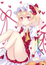 Rule 34 | 1girl, arm support, ascot, bad id, bad pixiv id, blonde hair, blush, bobby socks, commentary request, flandre scarlet, hair between eyes, hand on own chest, hat, hat ribbon, heart, highres, knees to chest, leg lift, looking at viewer, loose neckwear, mob cap, neck ribbon, nibosi, panties, pantyshot, partial commentary, petticoat, pink panties, pointy ears, puffy short sleeves, puffy sleeves, red eyes, red footwear, red skirt, red vest, ribbon, shirt, short hair, short sleeves, side ponytail, sitting, skirt, smile, socks, solo, string, string of fate, stuffed animal, stuffed toy, teddy bear, touhou, underwear, undone ascot, undone neck ribbon, vest, wavy mouth, white background, white hat, white shirt, white socks, wings, wrist cuffs, yellow neckwear