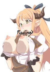 Rule 34 | 10s, 1girl, bad id, bad pixiv id, blue ribbon, blush, breasts, breasts out, brown hair, disembodied penis, draph, english text, engrish text, fellatio, glasses, gloves, granblue fantasy, hair ribbon, horns, large breasts, long hair, monchan rev3, nipples, oral, paizuri, penis, pointy ears, ponytail, ranguage, ribbon, sarya (granblue fantasy), solo, solo focus, tears, text focus, upper body, white background, white gloves