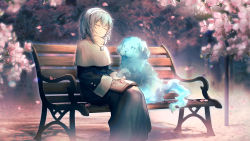 Rule 34 | 18 (backstreetno18), 1girl, bench, black robe, blurry, blurry background, book on lap, cherry blossoms, closed eyes, dog, duel monster, falling petals, feet out of frame, fog, ghost, ghost sister &amp; spooky dogwood, hairband, hands on lap, highres, jewelry, lamppost, medium hair, necklace, nun, outdoors, petals, robe, shadow, sitting, sleeves past wrists, traditional nun, tree, wide sleeves, yu-gi-oh!