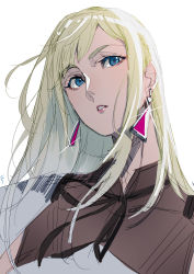 Rule 34 | 1girl, absurdres, blonde hair, blue eyes, commentary request, earrings, gigi andalusia, gundam, gundam hathaway&#039;s flash, highres, jewelry, long hair, looking at viewer, nana g, see-through, sidelocks, solo, upper body, white background