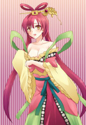 Rule 34 | 1girl, blush, breasts, chinese clothes, cleavage, hair ornament, hair rings, hair stick, hanfu, long hair, magi the labyrinth of magic, off shoulder, red hair, ren kougyoku, solo, striped, striped background, vertical stripes, very long hair, yellow eyes