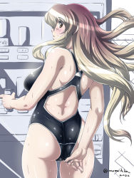 Rule 34 | 1girl, adjusting clothes, adjusting swimsuit, ass, bare shoulders, blonde hair, blush, breasts, brown eyes, brown hair, from behind, gradient hair, hijiri byakuren, large breasts, long hair, looking back, looking down, momoshiba anzu, multicolored hair, one-piece swimsuit, open mouth, shiny clothes, shiny skin, sideboob, solo, swimsuit, touhou, wet, wet clothes, wet hair