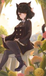 Rule 34 | 1girl, absurdres, animal ears, black pantyhose, blurry, brown eyes, brown hair, brown raincoat, cat ears, cat tail, commission, depth of field, earrings, falling leaves, final fantasy, final fantasy xiv, flower, foliage, full body, hair ornament, hair ribbon, hairclip, high heels, highres, house, jewelry, leaf, light smile, lips, looking at viewer, miqo&#039;te, noyuri (noyuriin), pantyhose, raincoat, ribbon, short hair, sitting on fence, skeb commission, solo, stiletto heels, tail, warrior of light (ff14)