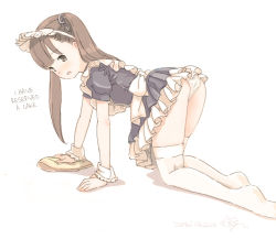 Rule 34 | 1girl, all fours, apron, ass, brown eyes, brown hair, child, dress, female focus, hard-translated, kokudou juunigou, long hair, looking at viewer, maid, maid apron, maid headdress, open mouth, original, panties, short dress, skindentation, solo, thighhighs, thighs, third-party edit, translated, twintails, underwear, white panties, white thighhighs