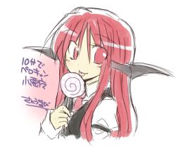 Rule 34 | 1girl, candy, dress shirt, food, head wings, koakuma, licking, lollipop, long hair, looking at viewer, necktie, red eyes, red hair, satou kibi, shirt, smile, solo, tongue, tongue out, touhou, translation request, upper body, wings