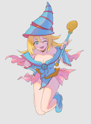 Rule 34 | 1girl, bare shoulders, blonde hair, blue footwear, boots, breasts, cleavage, dark magician girl, duel monster, green eyes, grey background, hand on own hip, hat, highres, holding, holding wand, karado3333, large breasts, long hair, one eye closed, open mouth, pentacle, pentagram, simple background, smile, solo, wand, wizard hat, yu-gi-oh!, yu-gi-oh! duel monsters
