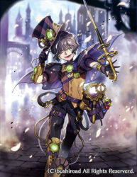 Rule 34 | 1boy, ;d, arm guards, belt, belt pouch, black cape, black gloves, black pants, blue hat, blurry, blurry background, boots, bow, bowtie, brown footwear, brown vest, building, cable, cane, cape, cardfight!! vanguard, center frills, city, copyright notice, cross-laced footwear, ear protection, falling petals, feet out of frame, frills, gears, gem, gloves, glowing, goggles, goggles on headwear, green eyes, green gemstone, grey hair, hair between eyes, hat, hat tip, holding, holding cane, holding clothes, holding hat, juliet sleeves, kaworu (kaw lov), lace-up boots, light particles, long sleeves, looking at viewer, male focus, o-ring, o-ring belt, official art, one eye closed, open mouth, pants, pavement, petals, pouch, puffy sleeves, purple belt, purple bow, purple bowtie, purple hat, shirt, short hair, sleeve garter, smile, smoke, solo, steampunk, striped clothes, striped headwear, thigh strap, top hat, two-tone bowtie, vest, wavy hair, white shirt, yellow bow, yellow bowtie
