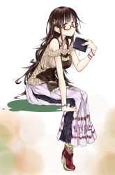 Rule 34 | 1girl, alt (ctrldel), apron, atelier (series), atelier sophie, brown hair, elise phulie, female focus, from side, full body, glasses, hair ornament, highres, holding hands, invisible chair, long hair, long skirt, looking at viewer, red eyes, sitting, skirt, solo