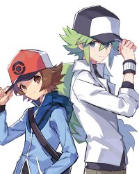 Rule 34 | 2boys, absurdres, baseball cap, blue eyes, blue jacket, brown eyes, brown hair, closed mouth, collared shirt, commentary request, creatures (company), game freak, green hair, hair between eyes, hand on headwear, hat, highres, hilbert (pokemon), hood, hooded jacket, jacket, long hair, male focus, multiple boys, n (pokemon), nintendo, pokemon, pokemon bw, shirt, simple background, tpi ri, undershirt, white background, white shirt, wristband, zipper pull tab