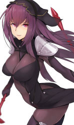 Rule 34 | 1girl, armor, bodysuit, breasts, covered navel, dual wielding, fate/grand order, fate (series), female focus, gae bolg (fate), highres, holding, kurowa, large breasts, long hair, pauldrons, polearm, purple bodysuit, purple hair, red eyes, scathach (fate), scathach (fate), shoulder armor, solo, spear, veil, weapon, white background