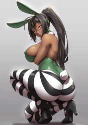 Rule 34 | 1girl, ahoge, animal ears, as (ashyblown), bare shoulders, black hair, blush, breast hold, breasts, brown eyes, cyron tanryoku, dark-skinned female, dark skin, detached collar, fake animal ears, fake tail, glasses, hair ribbon, high heels, high ponytail, highres, large breasts, leotard, long hair, looking at viewer, on one knee, open mouth, original, packge, pantyhose, playboy bunny, ponytail, rabbit ears, rabbit tail, ribbon, simple background, solo, strapless, strapless leotard, striped clothes, striped pantyhose, tail