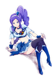 Rule 34 | 1girl, aono miki, black thighhighs, blue bow, blue footwear, blue skirt, boots, bow, choker, closed mouth, collarbone, crop top, crossed legs, cure berry, earrings, fresh precure!, full body, hairband, high ponytail, jewelry, knee boots, layered skirt, long hair, looking at viewer, midriff, miniskirt, navel, nita (onakatohoppe), parted bangs, pleated skirt, precure, purple eyes, purple hair, simple background, sitting, skirt, smile, solo, stomach, thighhighs, very long hair, white background, white hairband, white skirt, zettai ryouiki