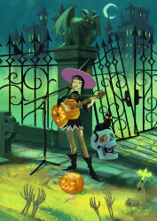 Rule 34 | 1girl, black cat, black dress, black footwear, black hair, boots, building, cat, closed eyes, commentary, crescent, dress, english commentary, fence, gargoyle, gate, hat, highres, house, jack-o&#039;-lantern, long hair, miacat125, microphone, microphone stand, music, night, original, road, signature, singing, skeletal arm, skull, solo, street, witch, witch hat