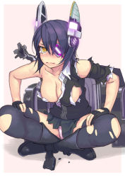 Rule 34 | 10s, 1girl, blush, boots, breasts, cleavage, eyepatch, fingerless gloves, gloves, headgear, indian style, kantai collection, large breasts, panties, partially fingerless gloves, personification, purple hair, short hair, sitting, skirt, solo, tears, tenryuu (kancolle), thighhighs, torn clothes, torn thighhighs, underwear, wavy mouth, white panties, yellow eyes, yuuji (and)