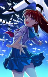 Rule 34 | 1girl, :d, blouse, blue sailor collar, blue skirt, blue sky, brown hair, commentary request, cowboy shot, floating clothes, from behind, long hair, looking at viewer, looking back, nanase narue, narue no sekai, neckerchief, open mouth, outstretched arms, pleated skirt, purple eyes, red neckerchief, s (hdru2332), sailor collar, school uniform, shirt, skirt, sky, smile, solo, spread arms, standing, star (sky), starry sky, teeth, upper teeth only, white shirt