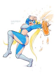 Rule 34 | ass, bare shoulders, bottle, cleavage cutout, closed eyes, clothing cutout, from side, highres, long hair, long sleeves, mask, quasimodox, rainbow mika, standing, standing on one leg, street fighter, twintails, wrestling outfit