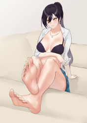 Rule 34 | 1girl, arm support, barefoot, blouse, blush, bra, breasts, cleavage, collared shirt, couch, feet, foot focus, hair between eyes, highres, idolmaster, idolmaster shiny colors, jewelry, long hair, looking at viewer, necklace, open clothes, open shirt, parted lips, ponytail, pov, shirase sakuya, shirt, sitting, soles, solo, thighs, toes, underwear, open bra, white shirt, yellow eyes